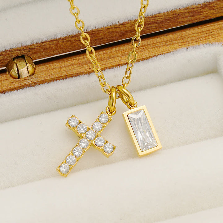 Christianartworkshop Collier double pendentif croix rectangulaire avec pierre et paillettes, personnalisé avec le mois de naissance : emblème intemporel de douce protection céleste - image 8