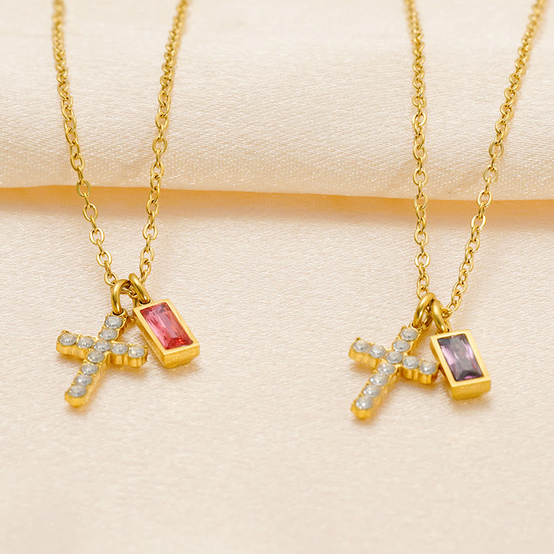 Christianartworkshop Collier double pendentif croix rectangulaire avec pierre et paillettes, personnalisé avec le mois de naissance : emblème intemporel de douce protection céleste - image 1