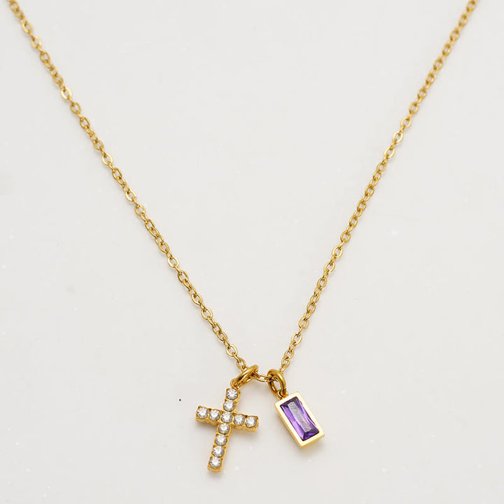 Christianartworkshop Collier double pendentif croix rectangulaire avec pierre et paillettes, personnalisé avec le mois de naissance : emblème intemporel de douce protection céleste - Février - image 4
