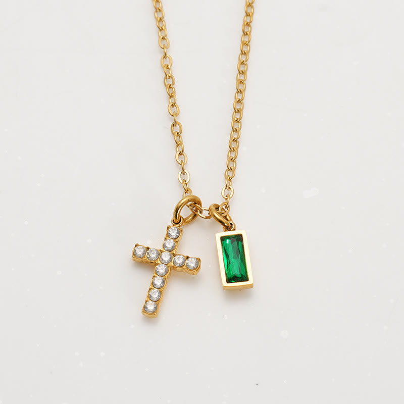 Christianartworkshop Collier double pendentif croix rectangulaire avec pierre et paillettes, personnalisé avec le mois de naissance : emblème intemporel de douce protection céleste - Peut - image 9