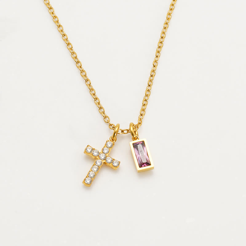 Christianartworkshop Collier double pendentif croix rectangulaire avec pierre et paillettes, personnalisé avec le mois de naissance : emblème intemporel de douce protection céleste - Juin - image 10
