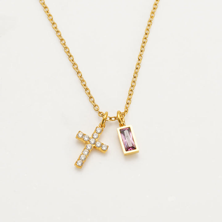 Christianartworkshop Collier double pendentif croix rectangulaire avec pierre et paillettes, personnalisé avec le mois de naissance : emblème intemporel de douce protection céleste - Juin - image 10