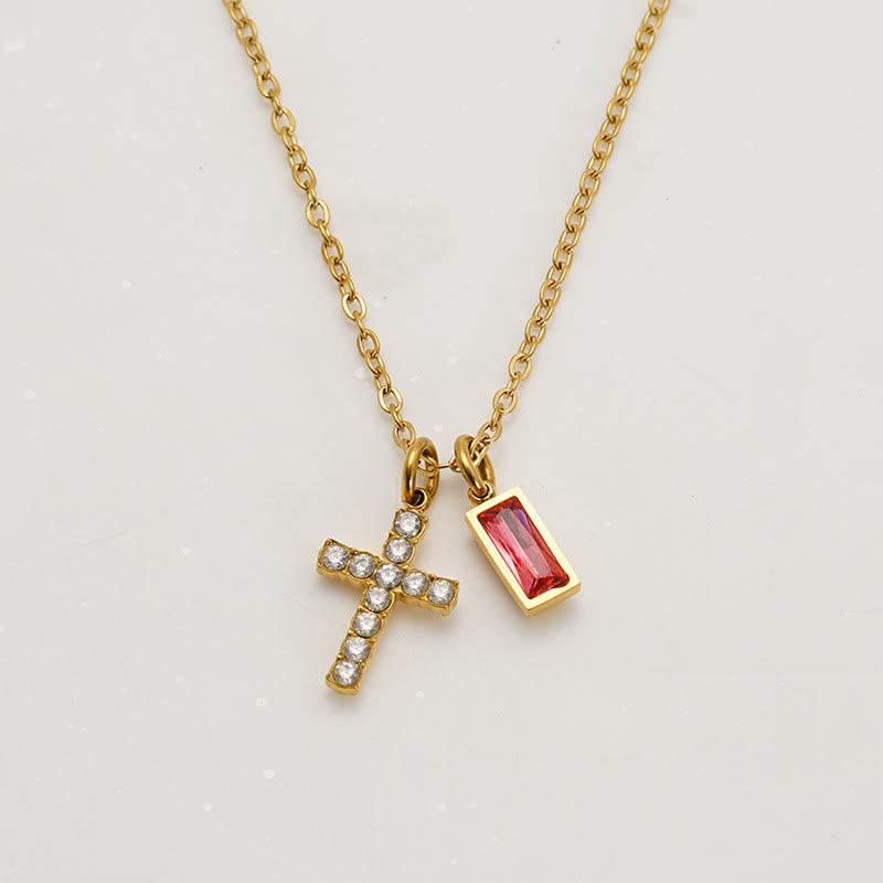 Christianartworkshop Collier double pendentif croix rectangulaire avec pierre et paillettes, personnalisé avec le mois de naissance : emblème intemporel de douce protection céleste - Juillet - image 11