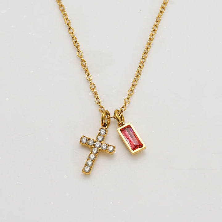 Christianartworkshop Collier double pendentif croix rectangulaire avec pierre et paillettes, personnalisé avec le mois de naissance : emblème intemporel de douce protection céleste - Juillet - image 11
