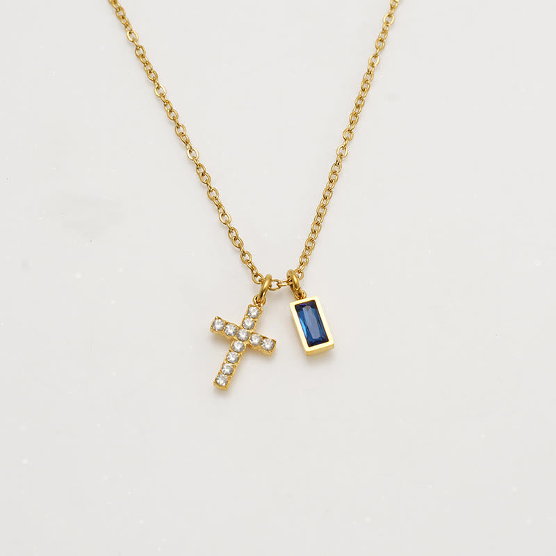 Christianartworkshop Collier double pendentif croix rectangulaire avec pierre et paillettes, personnalisé avec le mois de naissance : emblème intemporel de douce protection céleste - Septembre - image 13