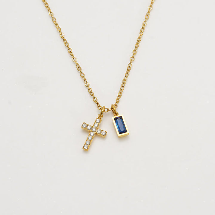 Christianartworkshop Collier double pendentif croix rectangulaire avec pierre et paillettes, personnalisé avec le mois de naissance : emblème intemporel de douce protection céleste - Septembre - image 13
