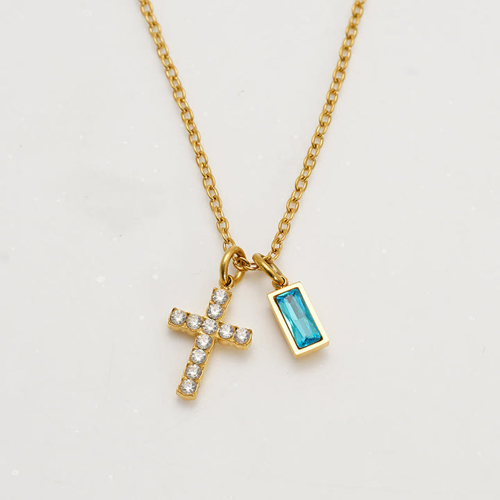 Christianartworkshop Collier double pendentif croix rectangulaire avec pierre et paillettes, personnalisé avec le mois de naissance : emblème intemporel de douce protection céleste - Décembre - image 16