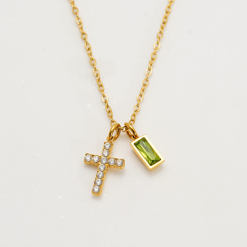 Christianartworkshop Collier double pendentif croix rectangulaire avec pierre et paillettes, personnalisé avec le mois de naissance : emblème intemporel de douce protection céleste - Août - image 12