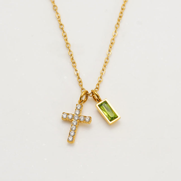 Christianartworkshop Collier double pendentif croix rectangulaire avec pierre et paillettes, personnalisé avec le mois de naissance : emblème intemporel de douce protection céleste - Août - image 12