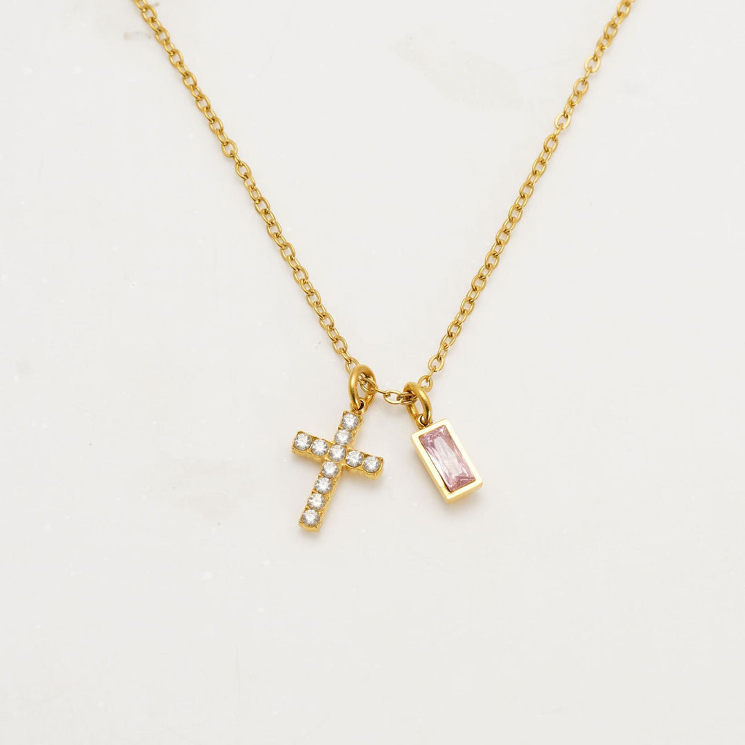 Christianartworkshop Collier double pendentif croix rectangulaire avec pierre et paillettes, personnalisé avec le mois de naissance : emblème intemporel de douce protection céleste - Octobre - image 14