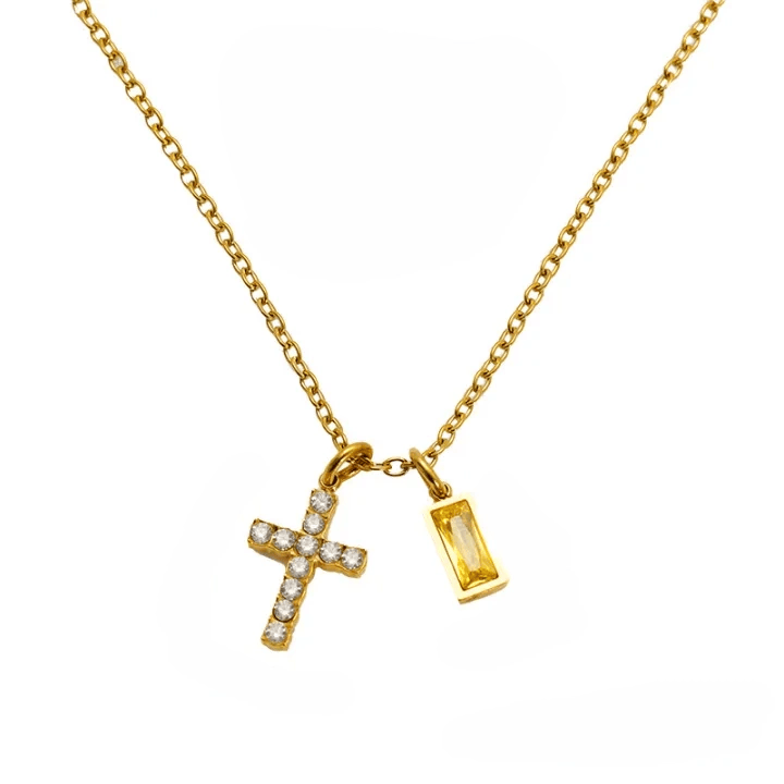 Christianartworkshop Collier double pendentif croix rectangulaire avec pierre et paillettes, personnalisé avec le mois de naissance : emblème intemporel de douce protection céleste - Novembre - image 15