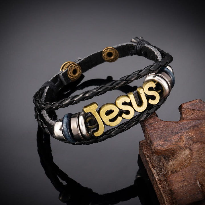 Christianartworkshop Bracelet ajustable tissé double couche avec lettre Jésus : emblème intemporel de la douce protection céleste - Doré - image 0