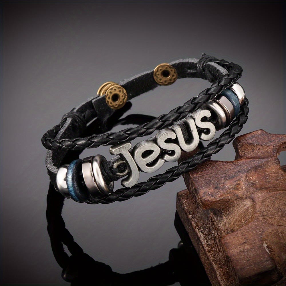 Christianartworkshop Bracelet ajustable tissé double couche avec lettre Jésus : emblème intemporel de la douce protection céleste - Argent - image 6