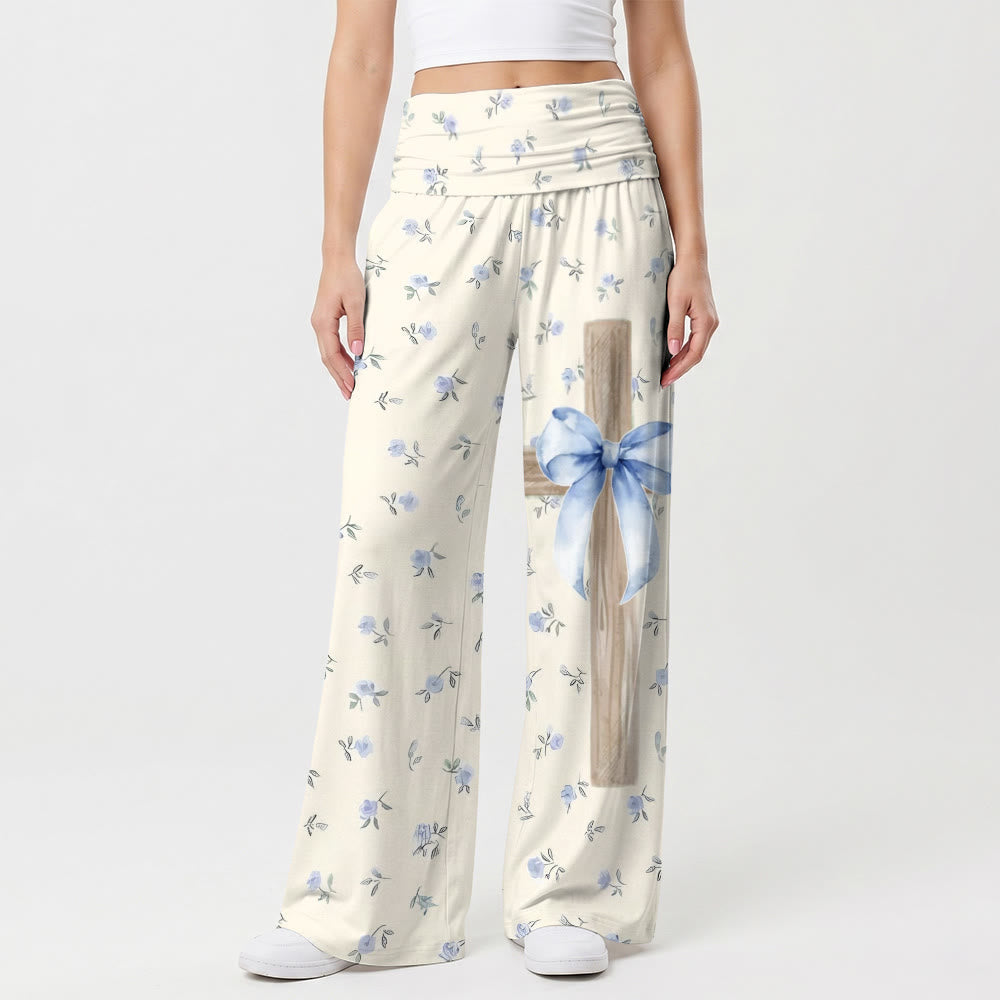 Christianartworkshop Pantalon à jambes larges imprimé aquarelle à motifs floraux, texture bois, croix et nœud bleu - US22, UK/AU26, EU54 (6XL) - image 0