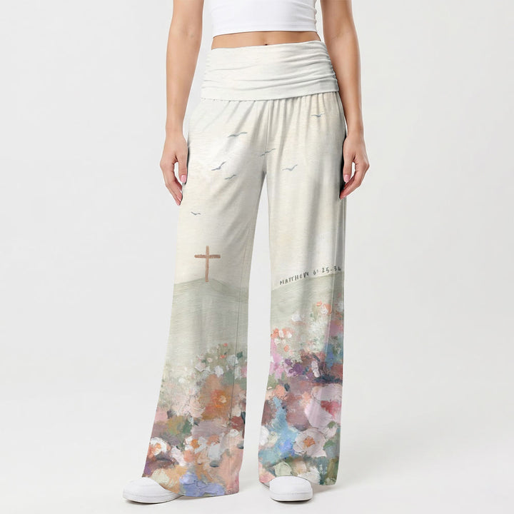 Christianartworkshop Pantalon taille haute à jambes larges imprimé avec croix et mouette, motif paysage en impasto, Matthieu 6:25-34 - image 1