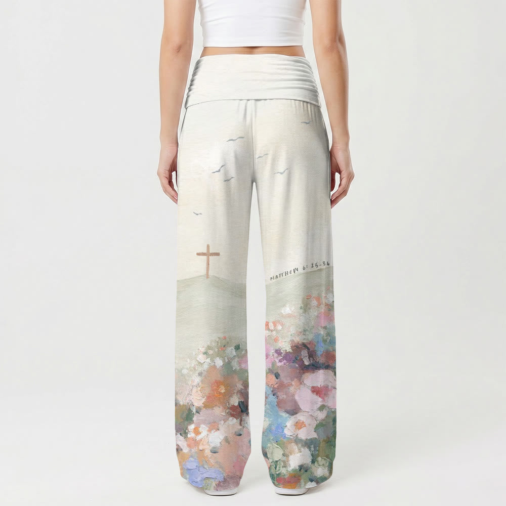 Christianartworkshop Pantalon taille haute à jambes larges imprimé avec croix et mouette, motif paysage en impasto, Matthieu 6:25-34 - image 2