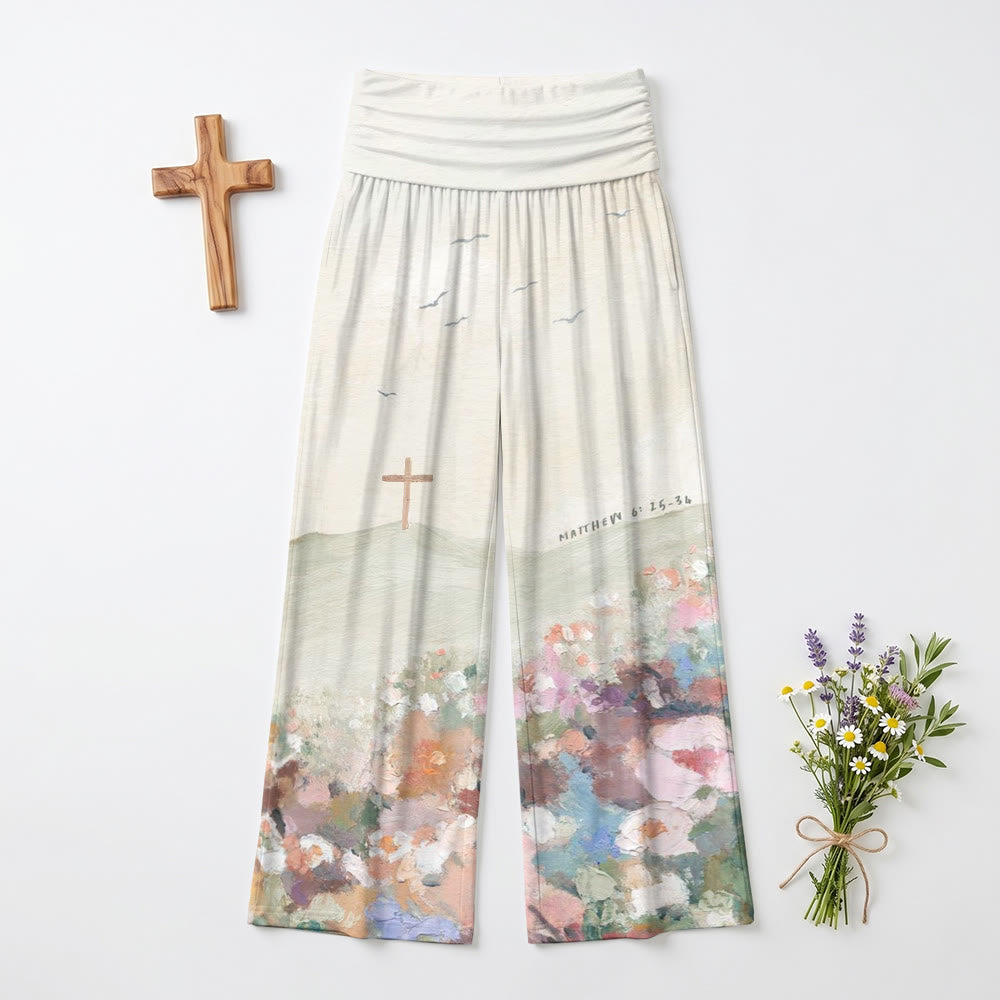 Christianartworkshop Pantalon taille haute à jambes larges imprimé avec croix et mouette, motif paysage en impasto, Matthieu 6:25-34 - US22, UK/AU26, EU54 (6XL) - image 0