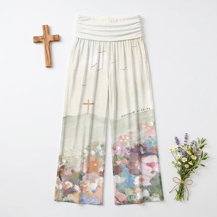 Christianartworkshop Pantalon taille haute à jambes larges imprimé avec croix et mouette, motif paysage en impasto, Matthieu 6:25-34 - US22, UK/AU26, EU54 (6XL) - image 0