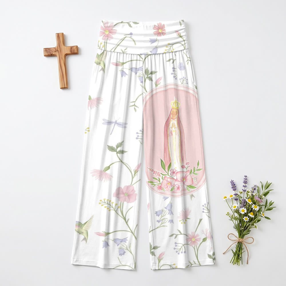 Christianartworkshop Pantalon taille haute à jambes larges imprimé aquarelle motif vigne, libellule, colibri et portrait de la Vierge Marie - image 1