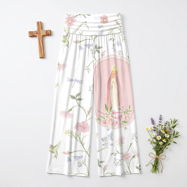 Christianartworkshop Pantalon taille haute à jambes larges imprimé aquarelle motif vigne, libellule, colibri et portrait de la Vierge Marie - image 1