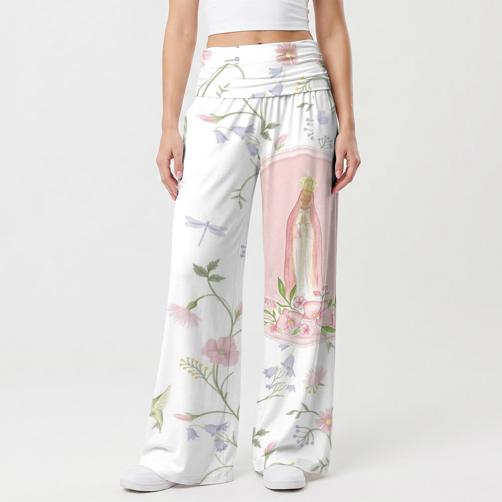Christianartworkshop Pantalon taille haute à jambes larges imprimé aquarelle motif vigne, libellule, colibri et portrait de la Vierge Marie - US22, UK/AU26, EU54 (6XL) - image 0