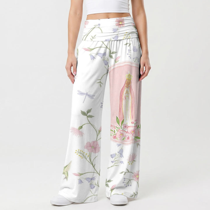 Christianartworkshop Pantalon taille haute à jambes larges imprimé aquarelle motif vigne, libellule, colibri et portrait de la Vierge Marie - US22, UK/AU26, EU54 (6XL) - image 0
