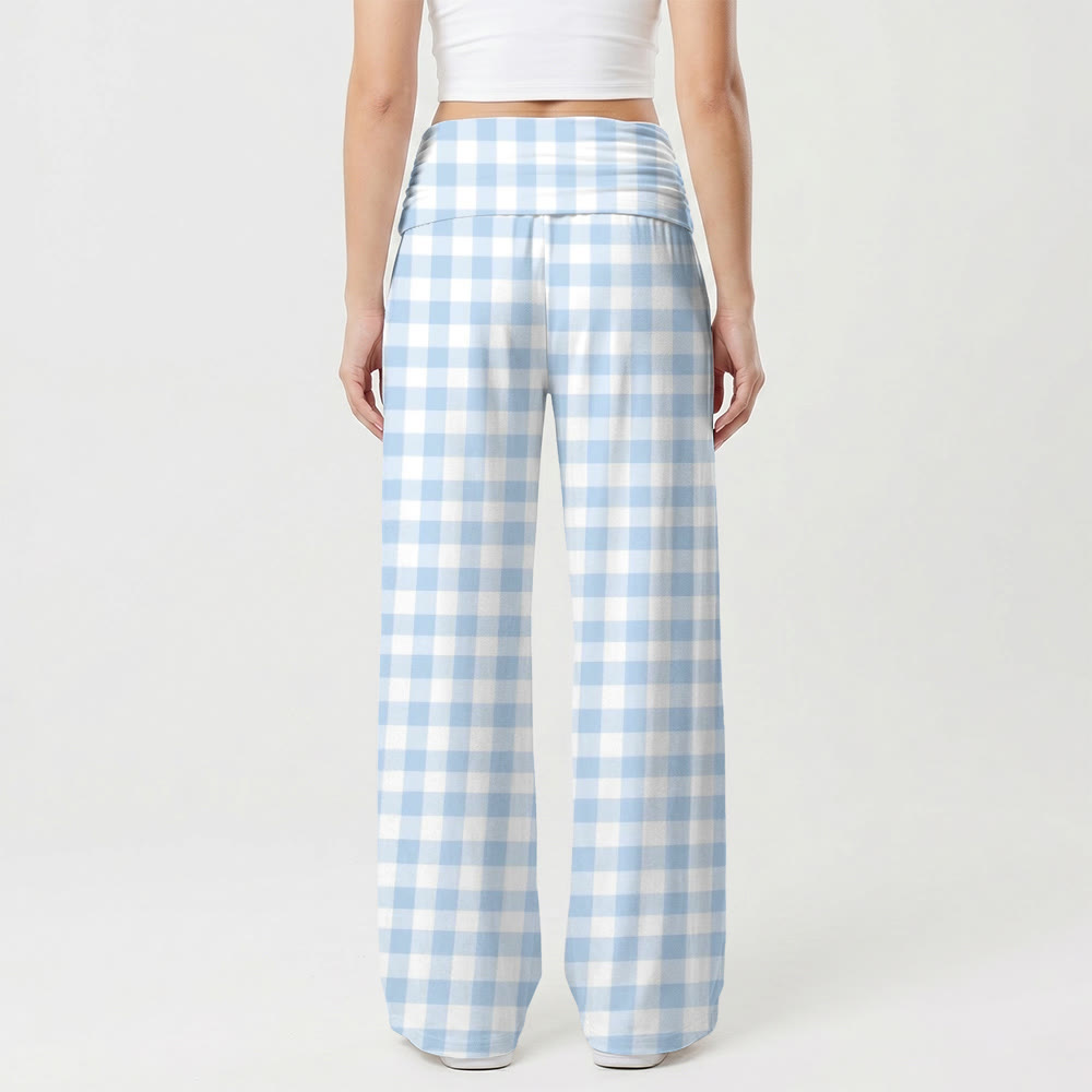 Christianartworkshop Pantalon taille haute à jambes larges et imprimé vichy clair intégral avec halo, Vierge Marie et nœud floral. - image 1