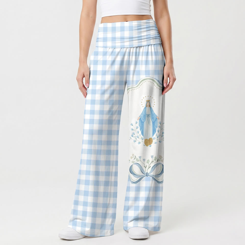 Christianartworkshop Pantalon taille haute à jambes larges et imprimé vichy clair intégral avec halo, Vierge Marie et nœud floral. - US22, UK/AU26, EU54 (6XL) - image 0