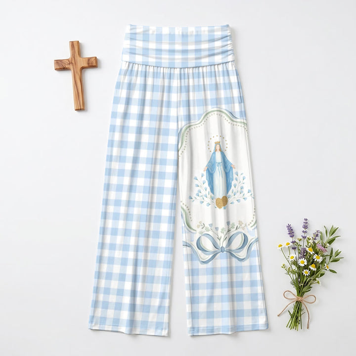 Christianartworkshop Pantalon taille haute à jambes larges et imprimé vichy clair intégral avec halo, Vierge Marie et nœud floral. - image 2