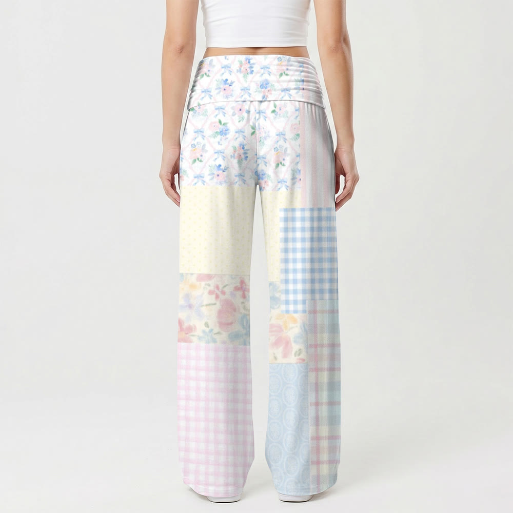 Christianartworkshop Pantalon patchwork multi-texture à carreaux floraux vichy et paillettes, taille haute croisée, jambes larges - image 2