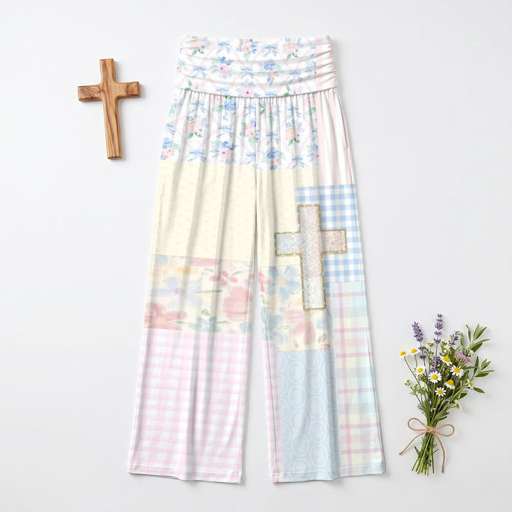 Christianartworkshop Pantalon patchwork multi-texture à carreaux floraux vichy et paillettes, taille haute croisée, jambes larges - image 1