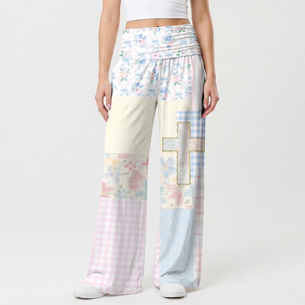 Christianartworkshop Pantalon patchwork multi-texture à carreaux floraux vichy et paillettes, taille haute croisée, jambes larges - US22, UK/AU26, EU54 (6XL) - image 0