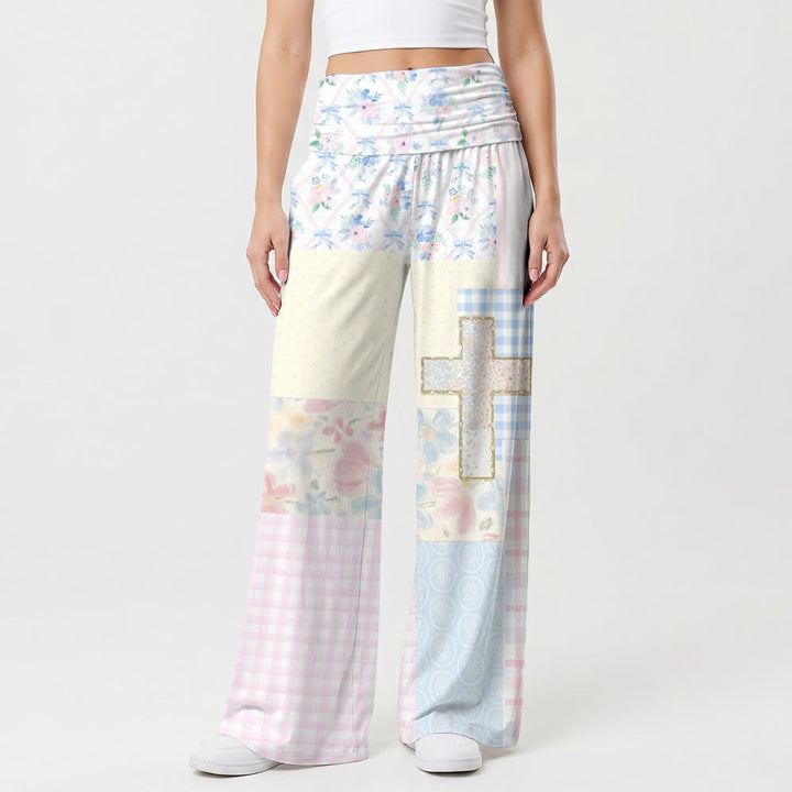 Christianartworkshop Pantalon patchwork multi-texture à carreaux floraux vichy et paillettes, taille haute croisée, jambes larges - US22, UK/AU26, EU54 (6XL) - image 0