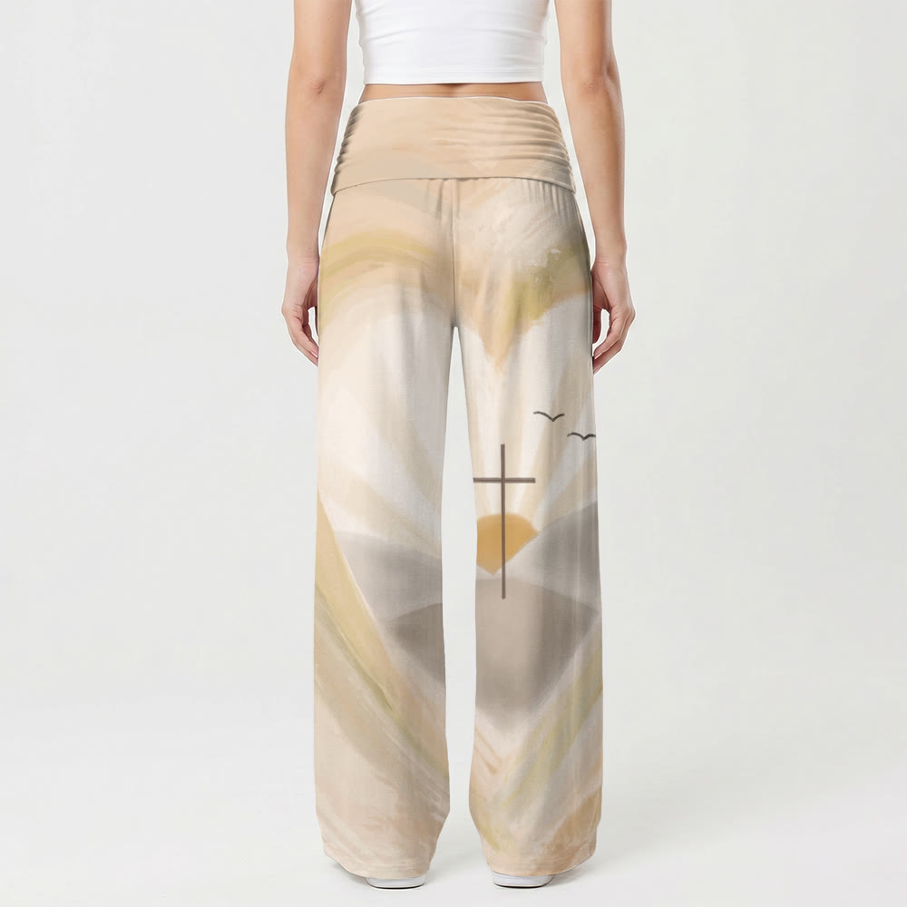 Christianartworkshop Pantalon taille haute à jambes larges avec cœur aquarelle, halo, croix, mouette et lever de soleil - image 2
