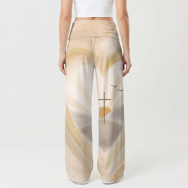Christianartworkshop Pantalon taille haute à jambes larges avec cœur aquarelle, halo, croix, mouette et lever de soleil - image 2