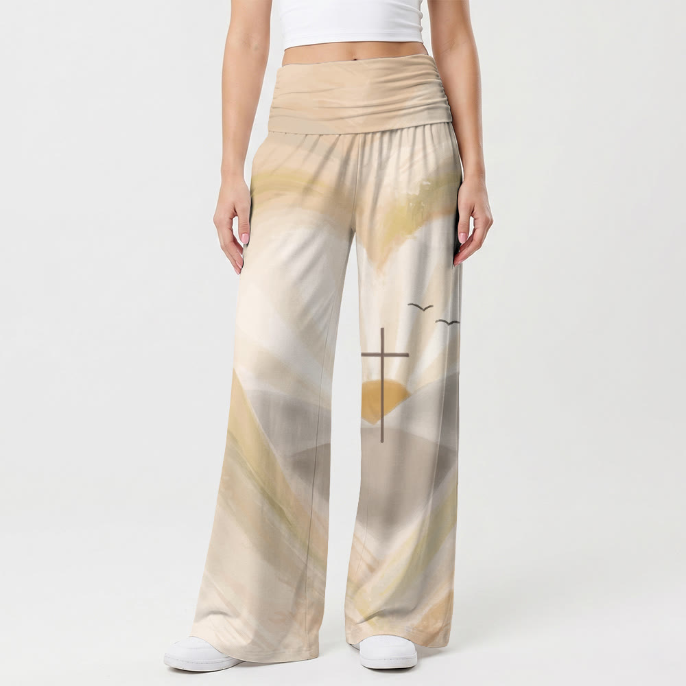 Christianartworkshop Pantalon taille haute à jambes larges avec cœur aquarelle, halo, croix, mouette et lever de soleil - image 1