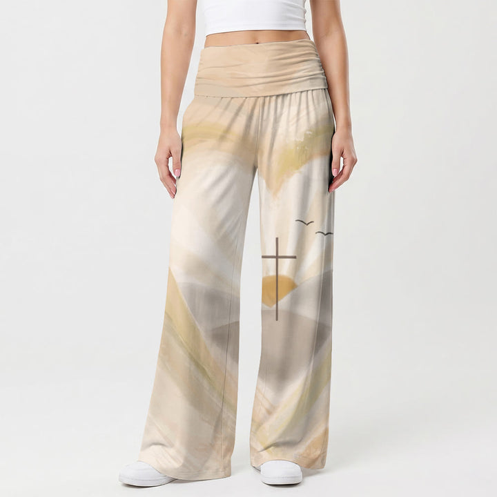 Christianartworkshop Pantalon taille haute à jambes larges avec cœur aquarelle, halo, croix, mouette et lever de soleil - image 1