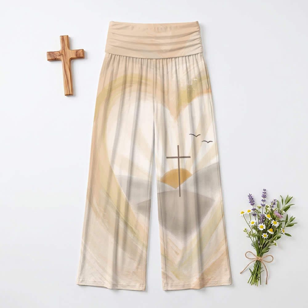 Christianartworkshop Pantalon taille haute à jambes larges avec cœur aquarelle, halo, croix, mouette et lever de soleil - US22, UK/AU26, EU54 (6XL) - image 0