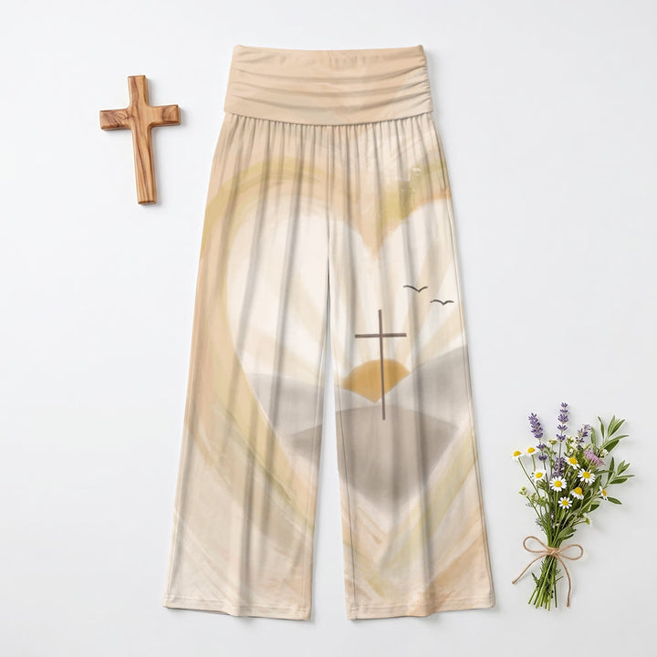 Christianartworkshop Pantalon taille haute à jambes larges avec cœur aquarelle, halo, croix, mouette et lever de soleil - US22, UK/AU26, EU54 (6XL) - image 0