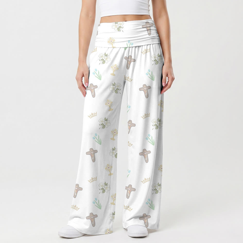 Christianartworkshop Pantalon taille haute à jambes larges imprimé fleuri intégral crucifix couronne eucharistique tulipe fleur blanche - US22, UK/AU26, EU54 (6XL) - image 0
