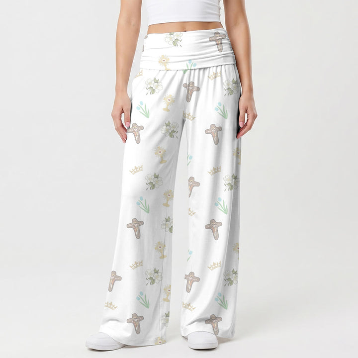Christianartworkshop Pantalon taille haute à jambes larges imprimé fleuri intégral crucifix couronne eucharistique tulipe fleur blanche - US22, UK/AU26, EU54 (6XL) - image 0