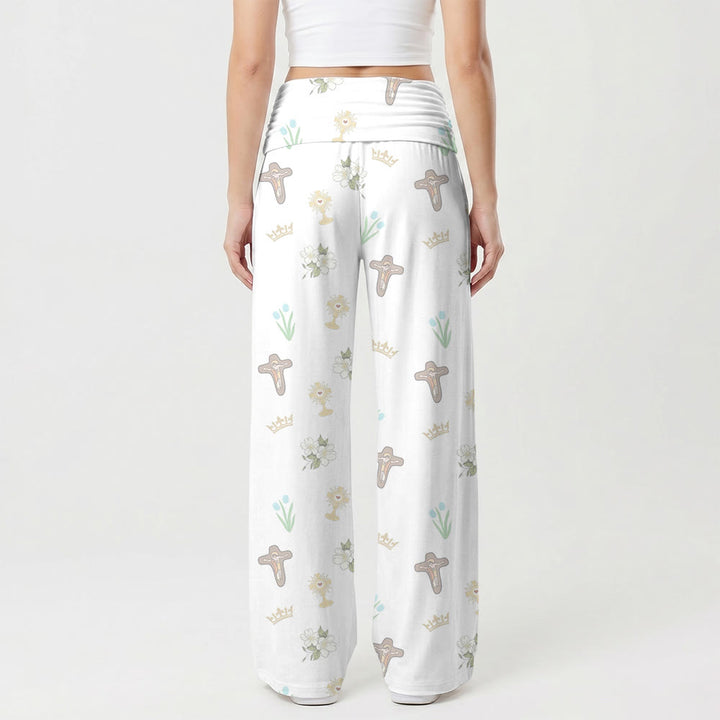 Christianartworkshop Pantalon taille haute à jambes larges imprimé fleuri intégral crucifix couronne eucharistique tulipe fleur blanche - image 1