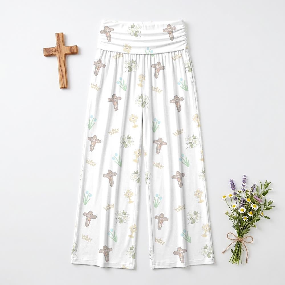 Christianartworkshop Pantalon taille haute à jambes larges imprimé fleuri intégral crucifix couronne eucharistique tulipe fleur blanche - image 2