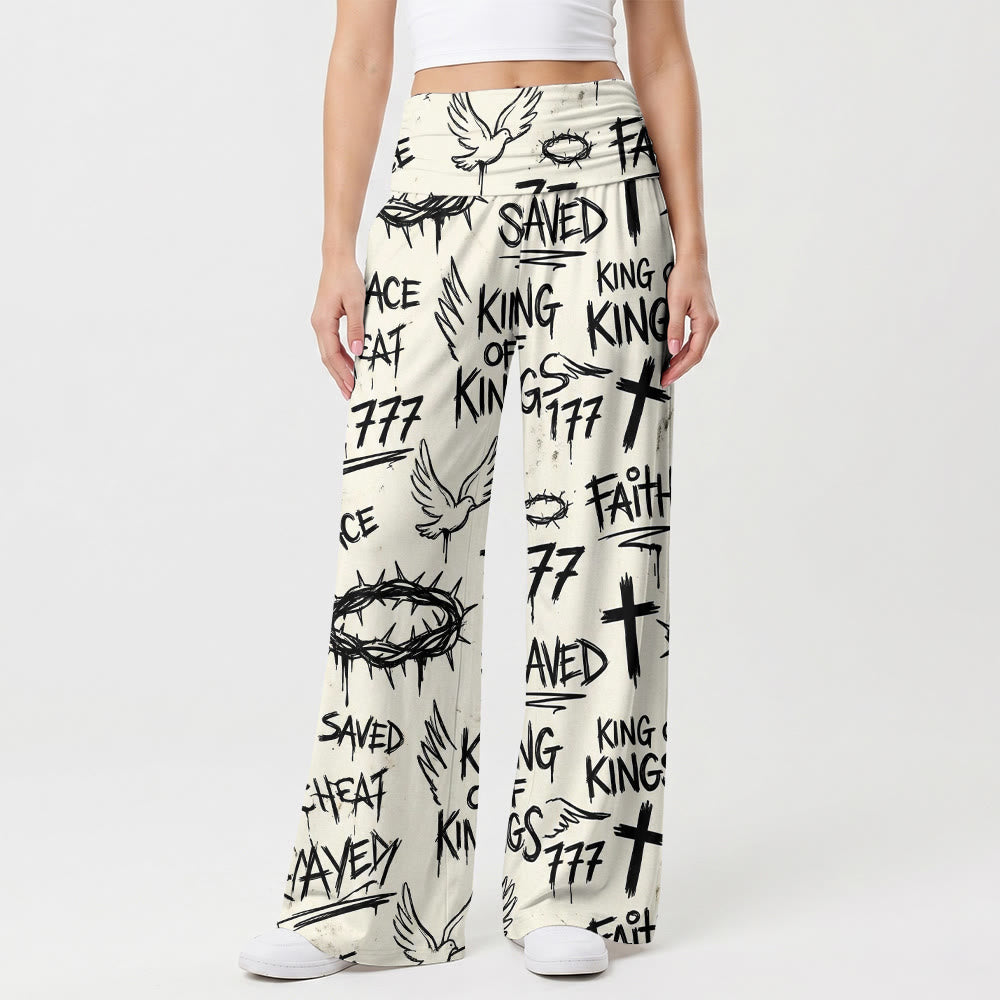 Christianartworkshop Pantalon taille haute à jambes larges imprimé graffiti avec couronne d'épines, colombe et croix. - US22, UK/AU26, EU54 (6XL) - image 0