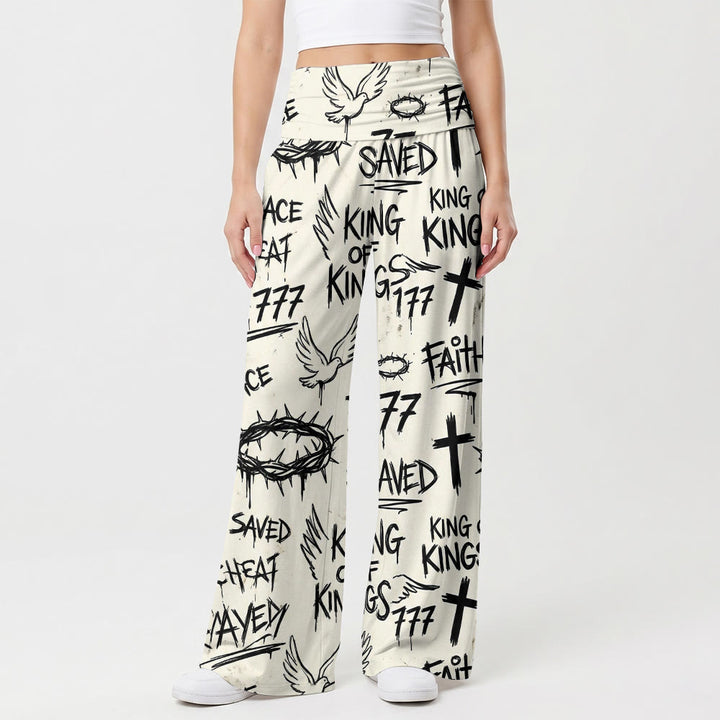 Christianartworkshop Pantalon taille haute à jambes larges imprimé graffiti avec couronne d'épines, colombe et croix. - US22, UK/AU26, EU54 (6XL) - image 0