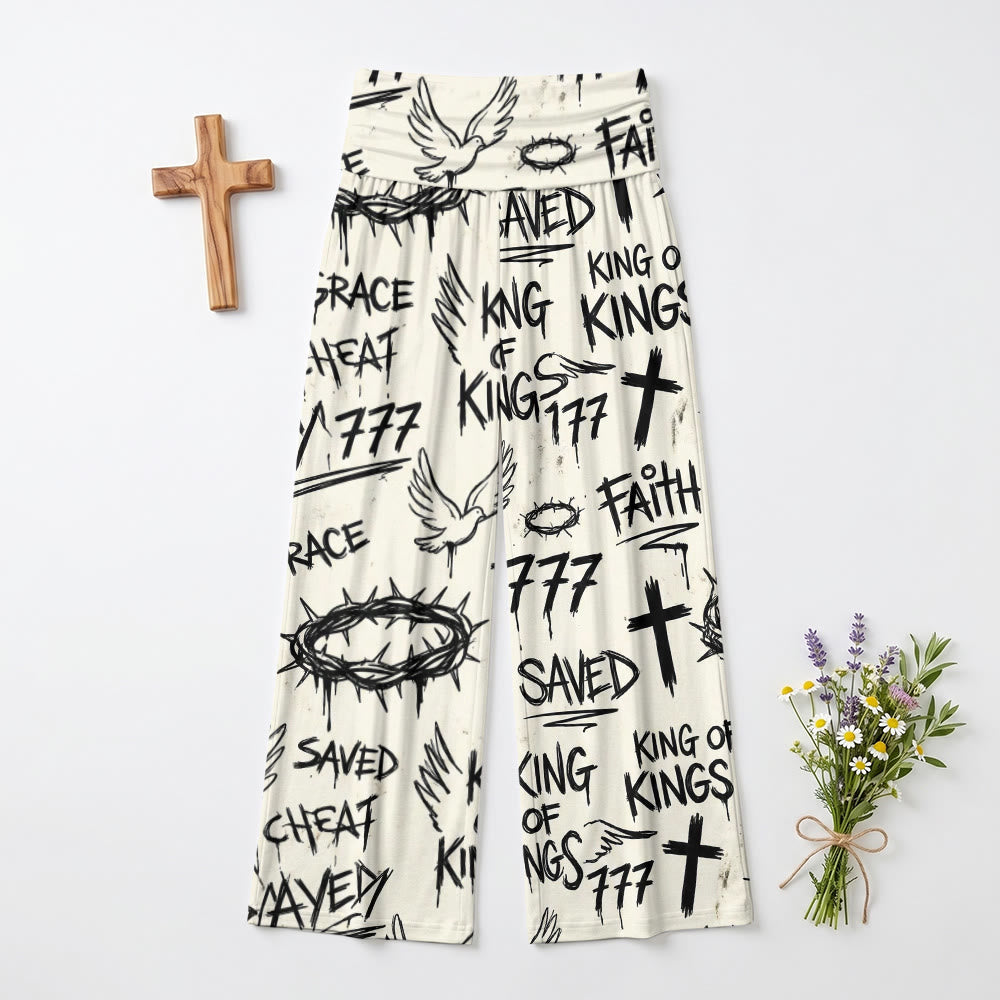 Christianartworkshop Pantalon taille haute à jambes larges imprimé graffiti avec couronne d'épines, colombe et croix. - image 2