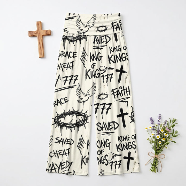 Christianartworkshop Pantalon taille haute à jambes larges imprimé graffiti avec couronne d'épines, colombe et croix. - image 2