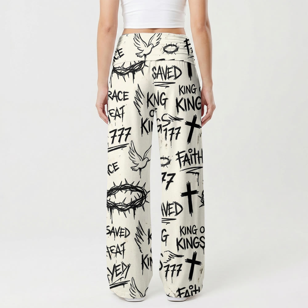 Christianartworkshop Pantalon taille haute à jambes larges imprimé graffiti avec couronne d'épines, colombe et croix. - image 1