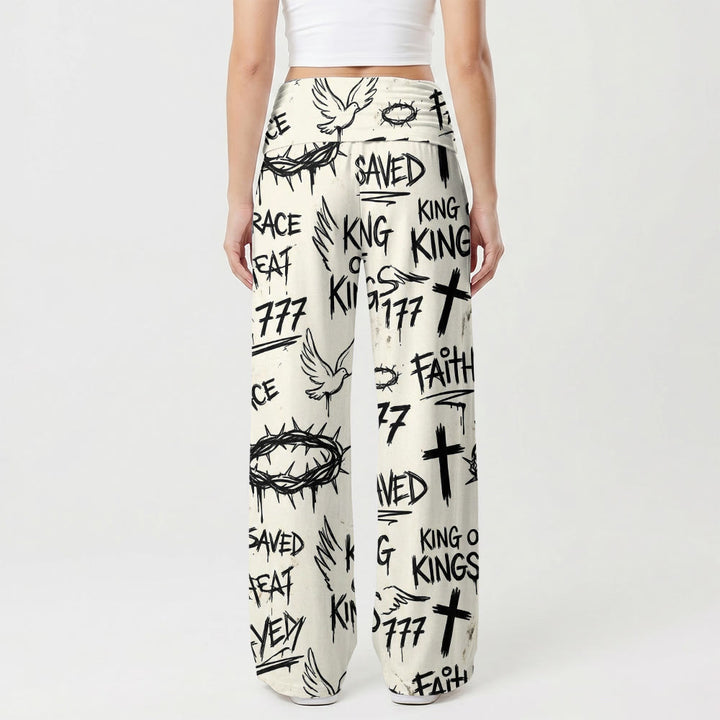 Christianartworkshop Pantalon taille haute à jambes larges imprimé graffiti avec couronne d'épines, colombe et croix. - image 1