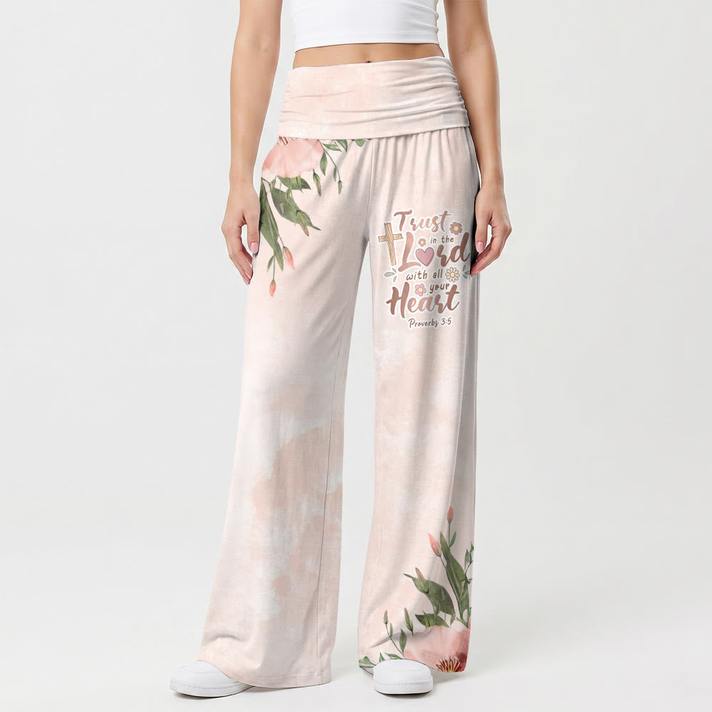 Christianartworkshop Fond dégradé rose poudré délavé, coin pivoine croix, verset Proverbes 3:5, pantalon taille haute à jambes larges - US22, UK/AU26, EU54 (6XL) - image 0